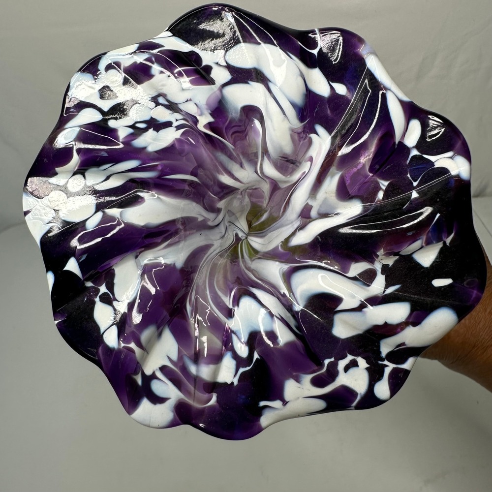 Hand Blown Art Glass Flower Purple White Black Marbled Petal Lime Green Stem 19" - Picture 3 of 4